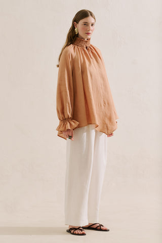 Shirred Linen Balloon Sleeve Blouse Almond