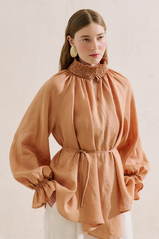 Shirred Linen Balloon Sleeve Blouse Almond