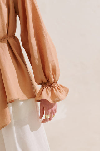 Shirred Linen Balloon Sleeve Blouse Almond