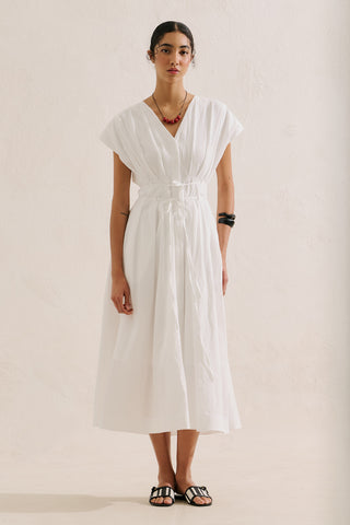 Pleated Dress With Belt Detail Ecru