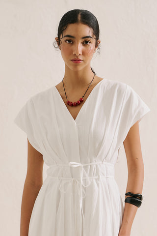 Pleated Dress With Belt Detail Ecru