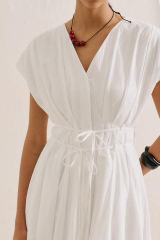 Pleated Dress With Belt Detail Ecru