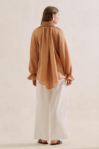 Shirred Linen Balloon Sleeve Blouse Almond