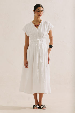 Pleated Dress With Belt Detail Ecru