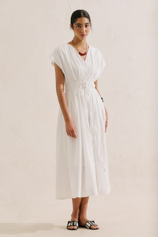 Pleated Dress With Belt Detail Ecru