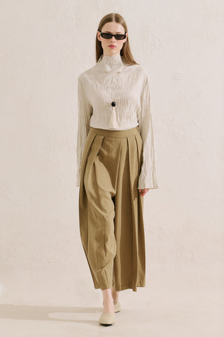 Linen Blend Crinkled Cropped Blouse Natural