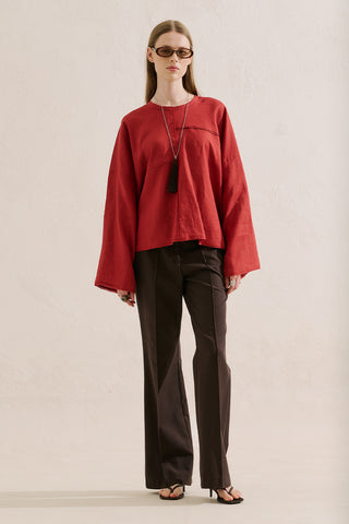 Linen Wide Sleeve Blouse Red