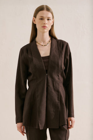 Pleated Linen Kimono Jacket Dark Brown