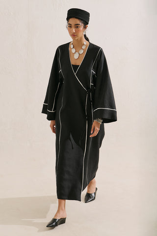 Linen Tie Detail Kimono Black