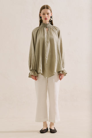Shirred Linen Balloon Sleeve Blouse Green