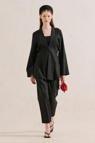 Pleated Linen Kimono Jacket Black