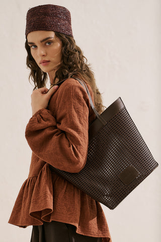 Ira Woven Leather Bucket Bag Brown