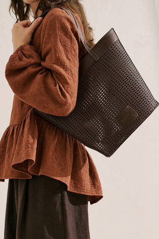 Ira Woven Leather Bucket Bag Brown