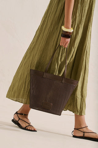 Ira Woven Leather Bucket Bag Brown