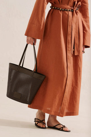 Ira Woven Leather Bucket Bag Brown