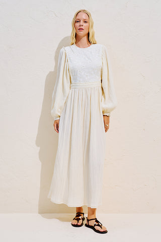 Embroidered Muslin Balloon Sleeve Dress Ecru