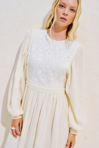 Embroidered Muslin Balloon Sleeve Dress Ecru