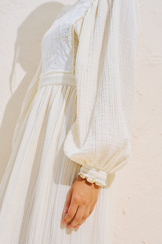 Embroidered Muslin Balloon Sleeve Dress Ecru