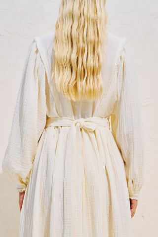 Embroidered Muslin Balloon Sleeve Dress Ecru
