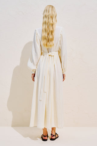 Embroidered Muslin Balloon Sleeve Dress Ecru