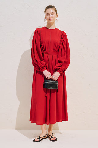 Wide Sleeve Maxi Dress With Trim Detail Red