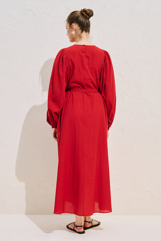 Wide Sleeve Maxi Dress With Trim Detail Red