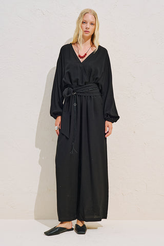 Linen Blend Jumpsuit With Adjustable Waist Black