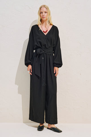 Linen Blend Jumpsuit With Adjustable Waist Black