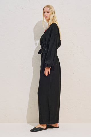 Linen Blend Jumpsuit With Adjustable Waist Black