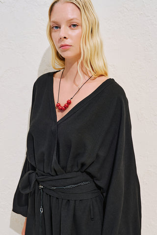 Linen Blend Jumpsuit With Adjustable Waist Black