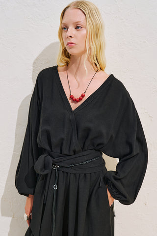 Linen Blend Jumpsuit With Adjustable Waist Black