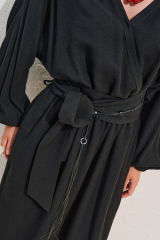 Linen Blend Jumpsuit With Adjustable Waist Black