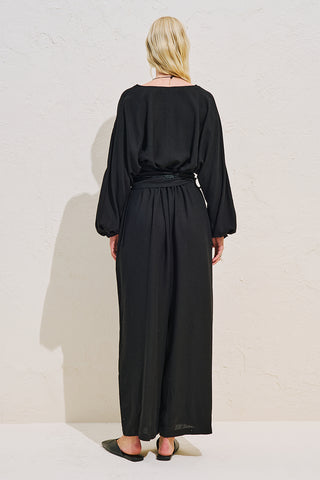 Linen Blend Jumpsuit With Adjustable Waist Black