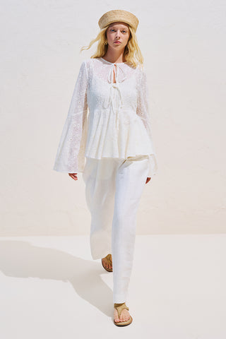 Embroidered Tie Detail Blouse Ecru