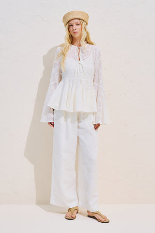 Embroidered Tie Detail Blouse Ecru