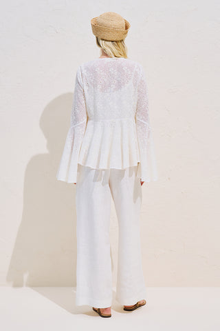 Embroidered Tie Detail Blouse Ecru