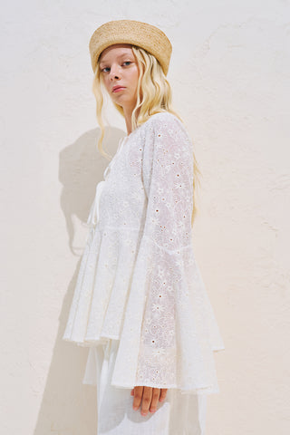 Embroidered Tie Detail Blouse Ecru
