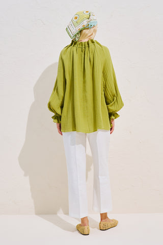 Gathered Neck Muslin Blouse Green