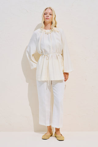Textured Draped Balloon Sleeve Tunic Ecru