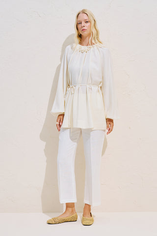 Textured Draped Balloon Sleeve Tunic Ecru
