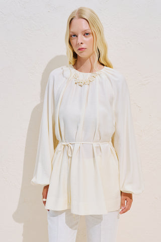 Textured Draped Balloon Sleeve Tunic Ecru