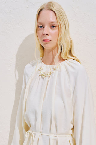 Textured Draped Balloon Sleeve Tunic Ecru