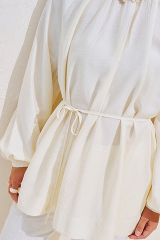 Textured Draped Balloon Sleeve Tunic Ecru
