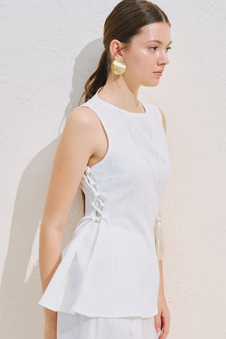 Linen Sleeveless Tie Detail Blouse Ecru