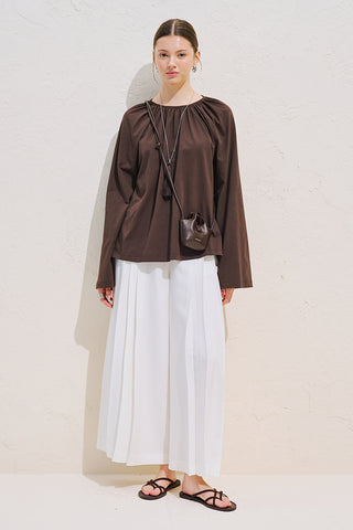 Relaxed Tie Detail Blouse With Gathered Finish Dark Brown