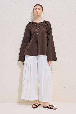 Relaxed Tie Detail Blouse With Gathered Finish Dark Brown
