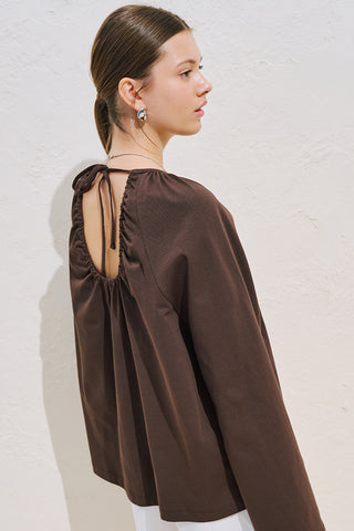 Relaxed Tie Detail Blouse With Gathered Finish Dark Brown