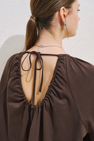 Relaxed Tie Detail Blouse With Gathered Finish Dark Brown