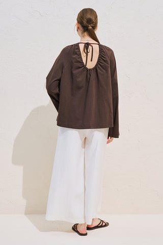 Relaxed Tie Detail Blouse With Gathered Finish Dark Brown