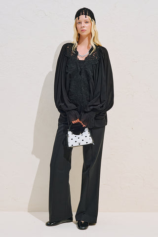 Lace Collar Draped Blouse Black